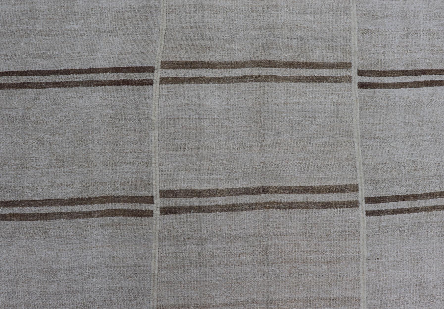 Turkish Large Vintage Paneled Kilim Flat-Weave Stripe in Neutral Tones of Cream & Brown For Sale