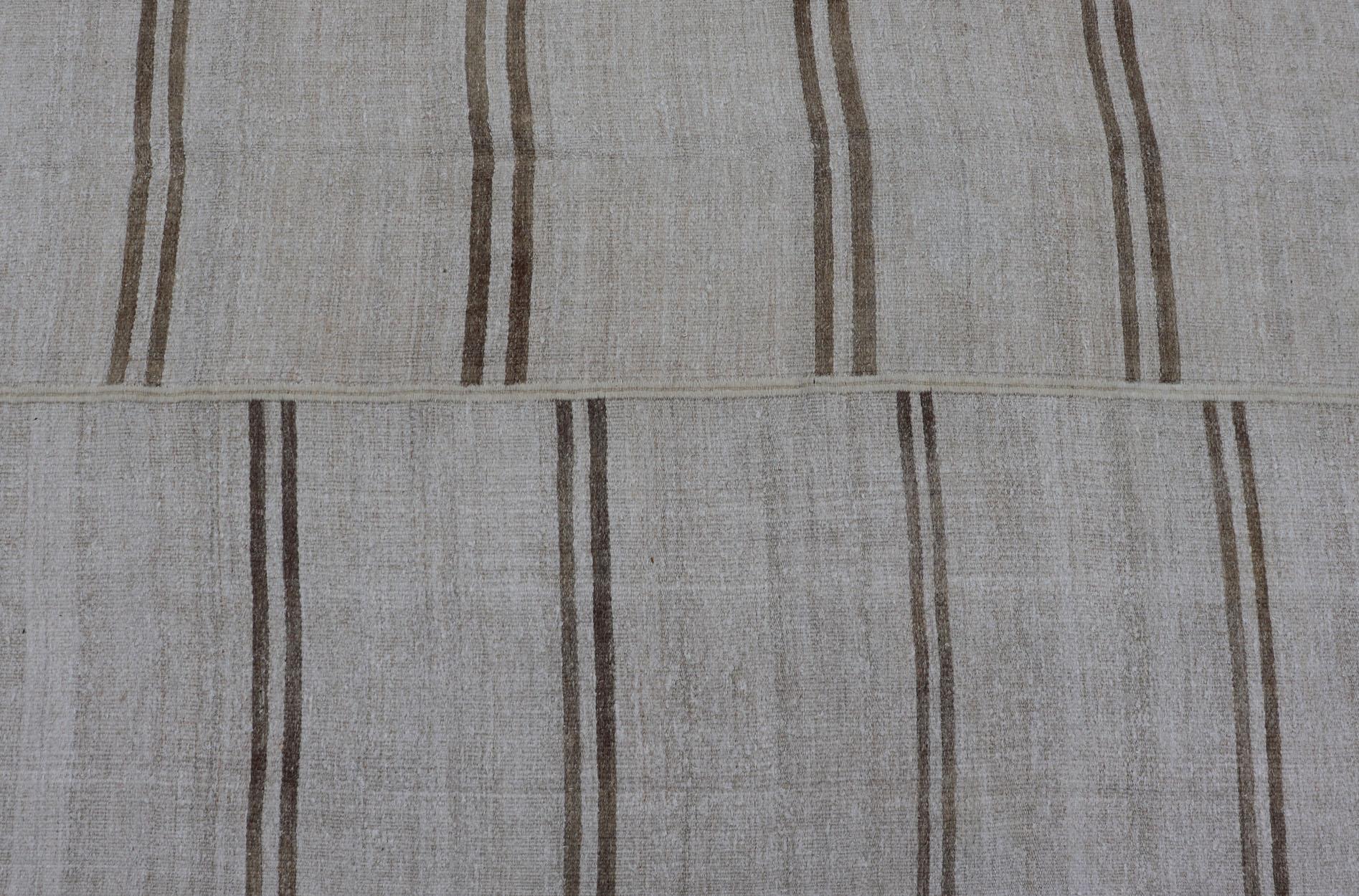 Hand-Woven Large Vintage Paneled Kilim Flat-Weave Stripe in Neutral Tones of Cream & Brown For Sale