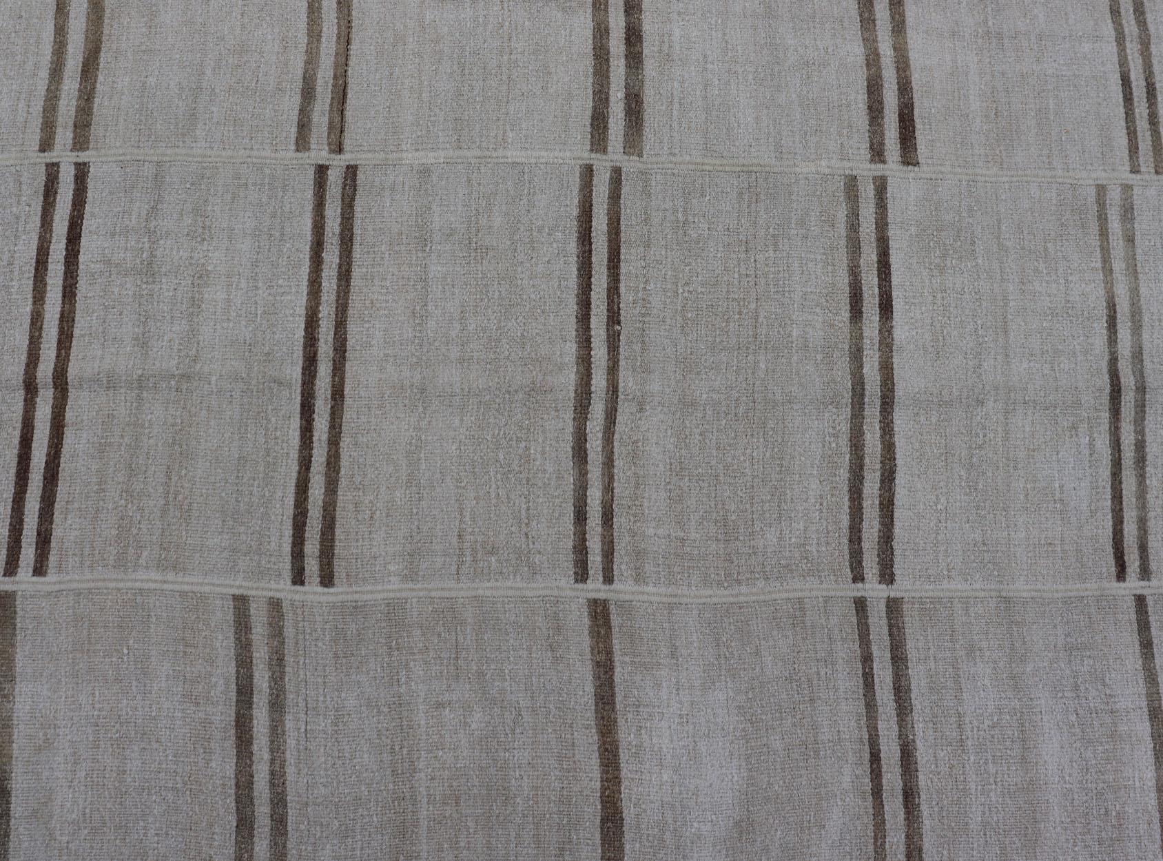 Large Vintage Paneled Kilim Flat-Weave Stripe in Neutral Tones of Cream & Brown In Good Condition For Sale In Atlanta, GA