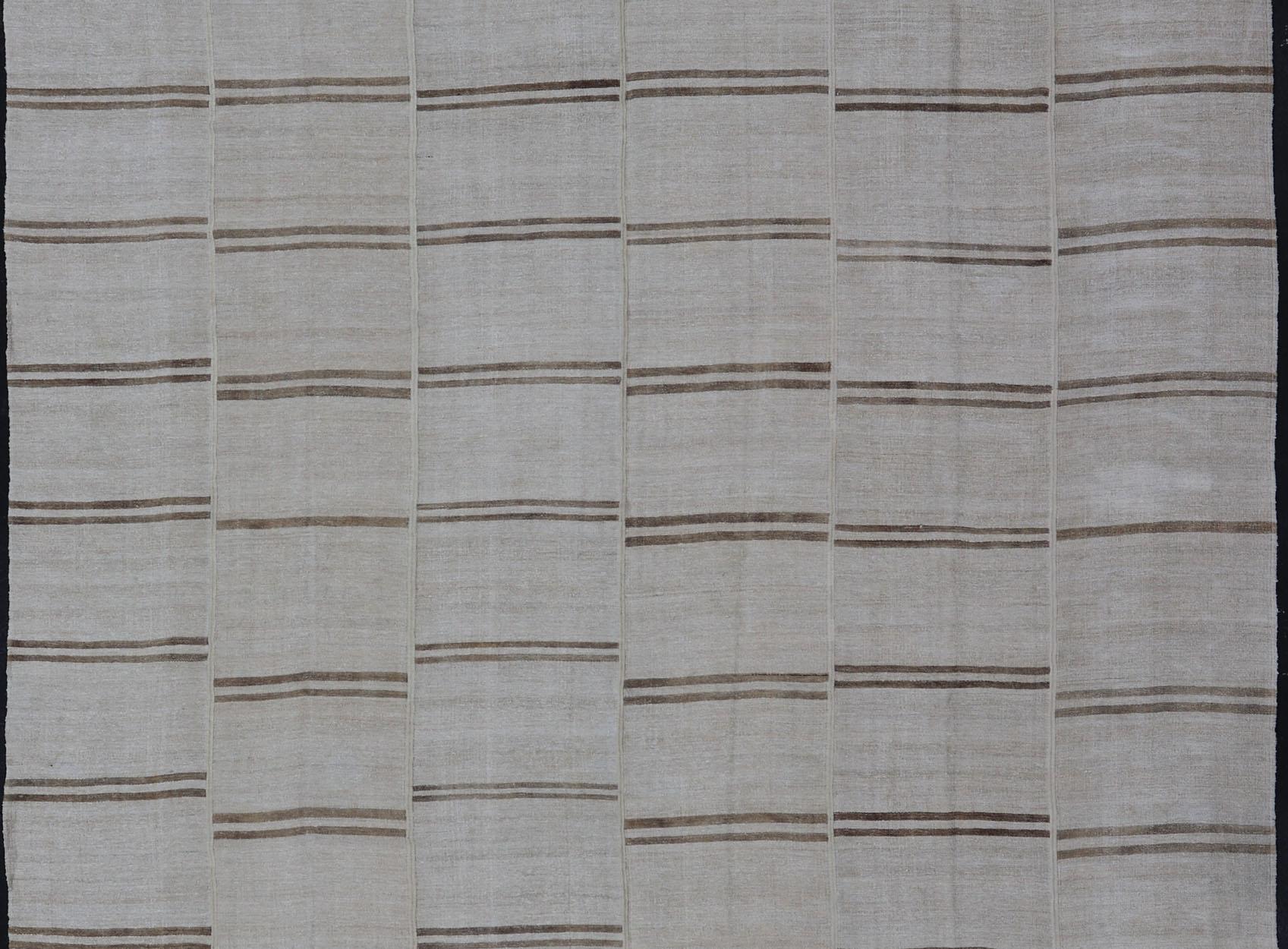 Wool Large Vintage Paneled Kilim Flat-Weave Stripe in Neutral Tones of Cream & Brown For Sale