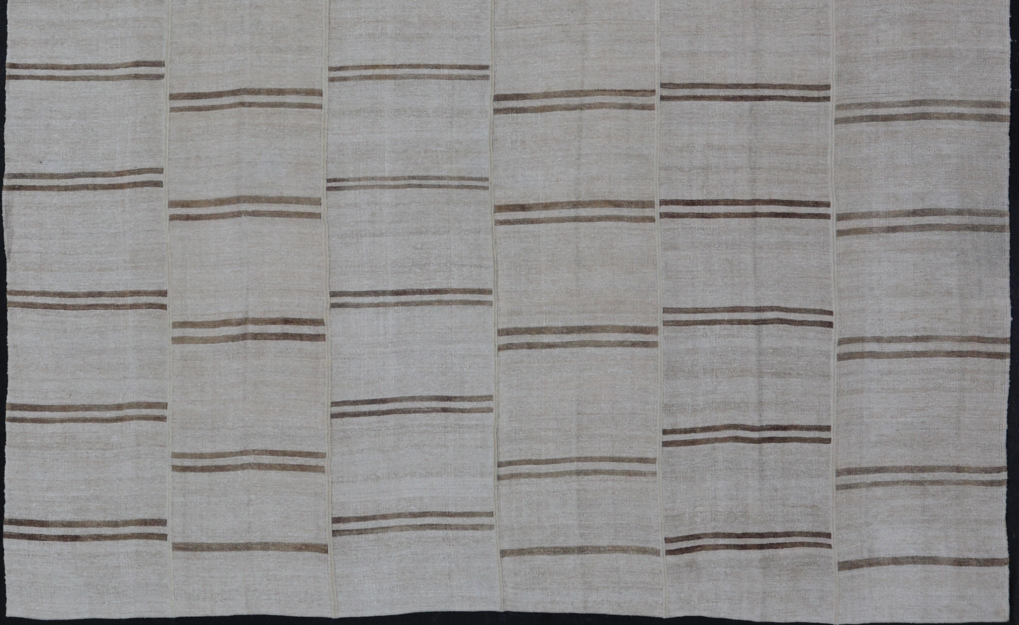 Large Vintage Paneled Kilim Flat-Weave Stripe in Neutral Tones of Cream & Brown For Sale 1