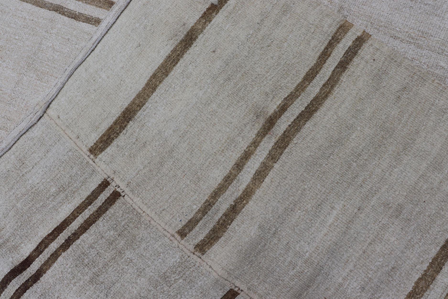 Large Vintage Paneled Kilim Flat-Weave Stripe in Neutral Tones of Cream & Brown For Sale 2