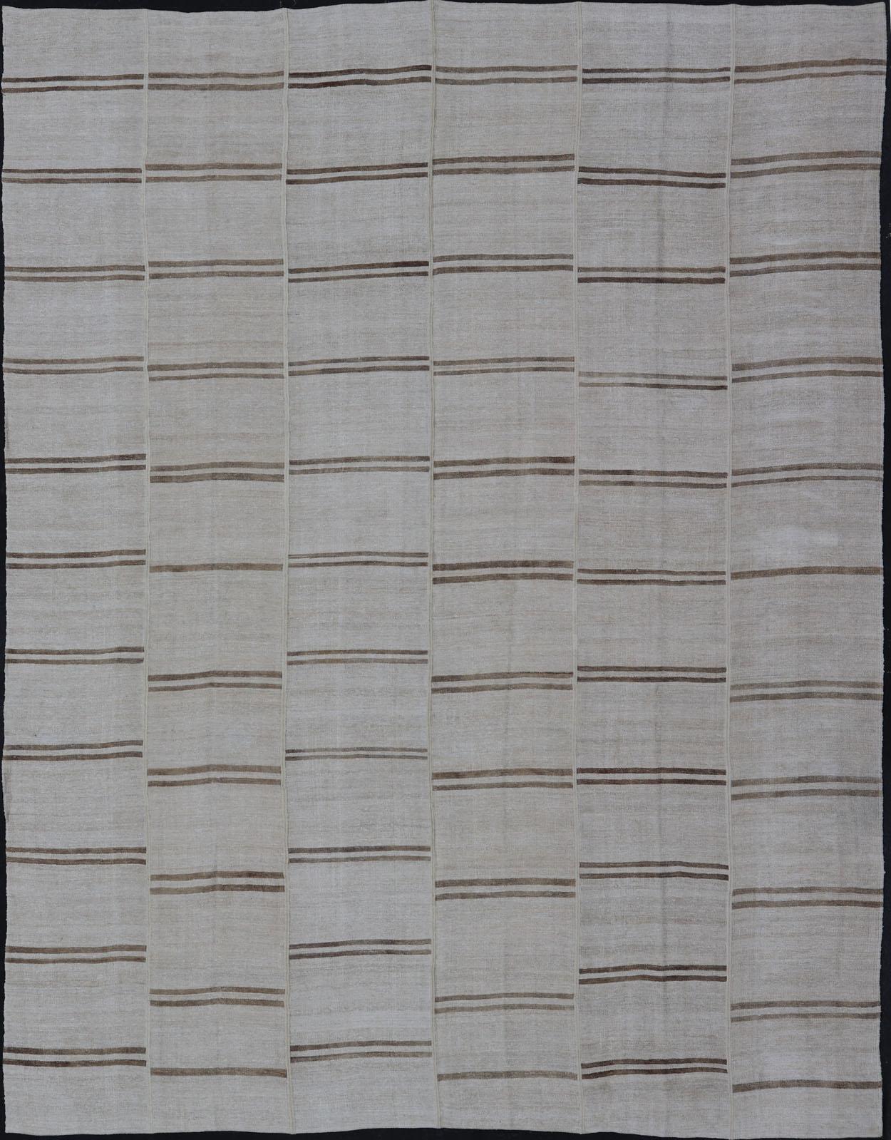 Large Vintage Paneled Kilim Flat-Weave Stripe in Neutral Tones of Cream & Brown
