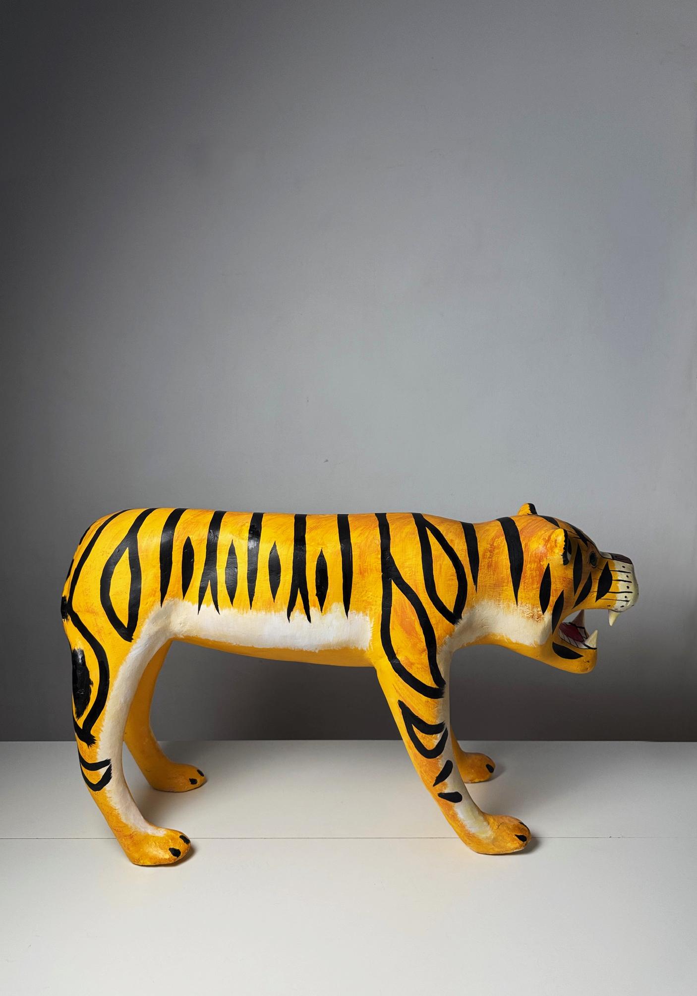 Brazilian Large Vintage Papier-Mâché Tiger Sculpture, Folk Art Style, 1970s – Hand-Painted For Sale