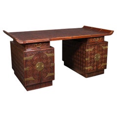 Large Vintage Partner's Desk, Oriental, Bamboo, Pedestal, Writing, Circa 1960