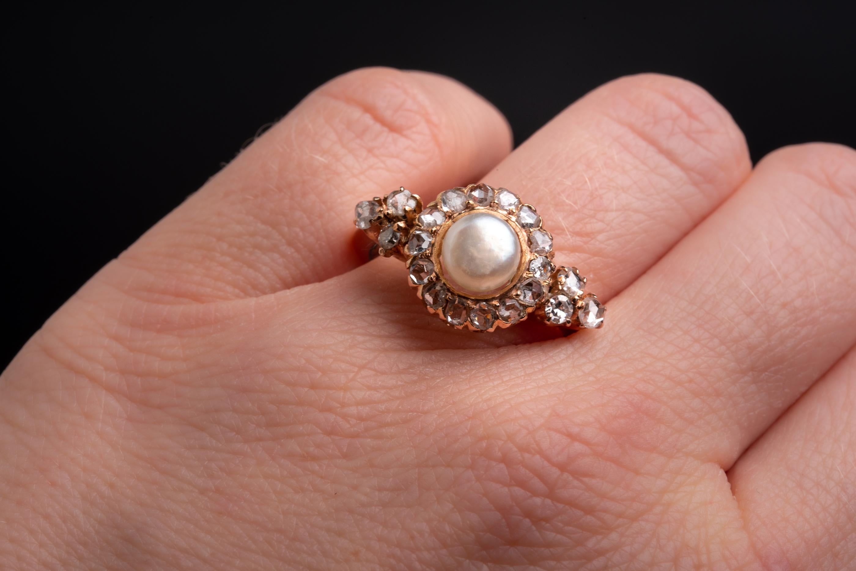 Edwardian Vintage Pearl and Rose Cut Diamond Ring, Antique Rose Cut Diamond Halo Ring