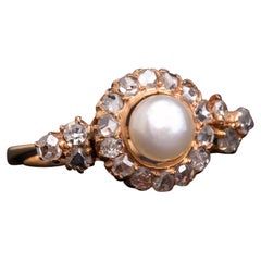 Vintage Pearl and Rose Cut Diamond Ring, Antique Rose Cut Diamond Halo Ring