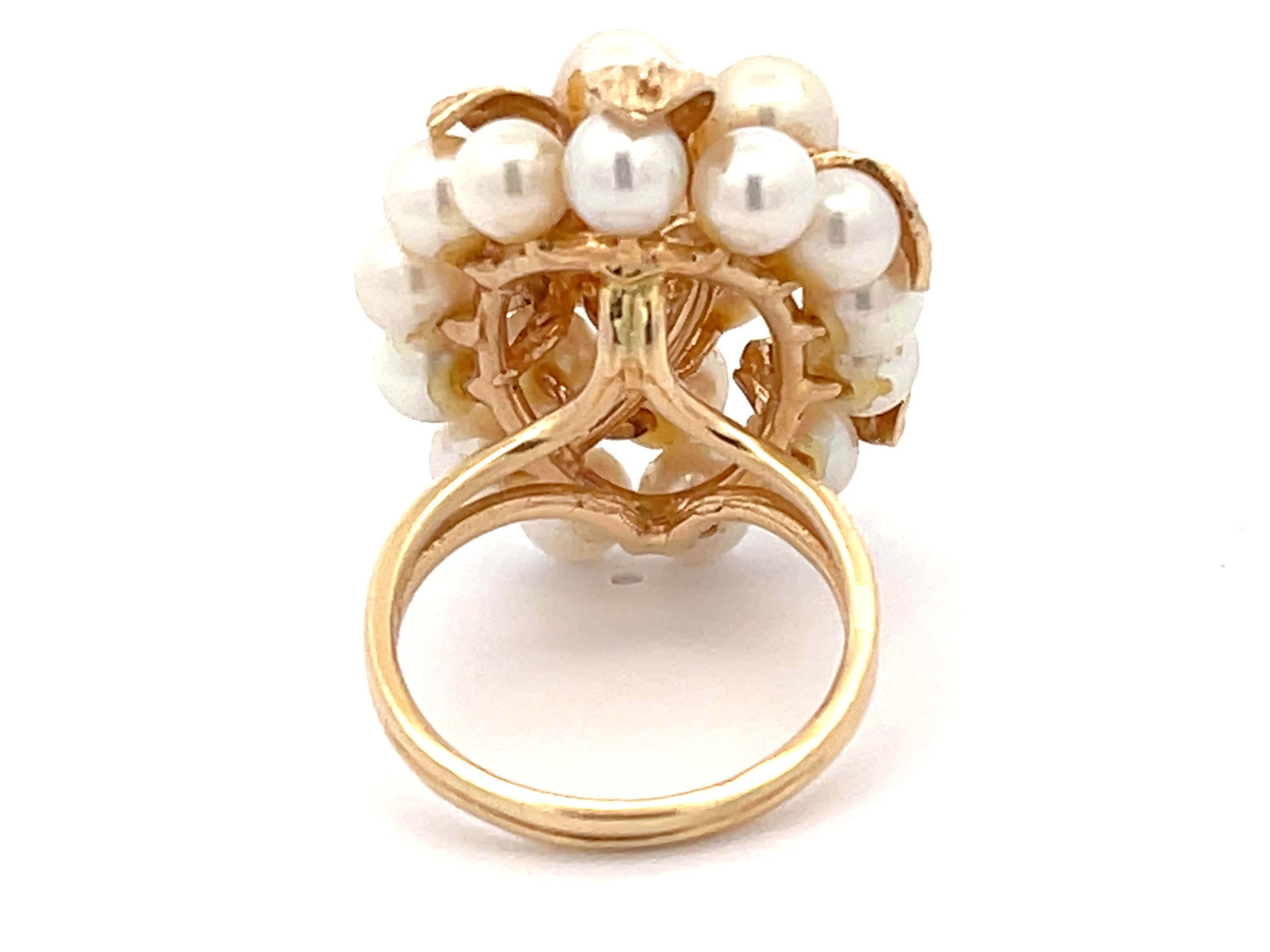 Round Cut Large Vintage Pearl Cluster Ring in 14k Yellow Gold For Sale