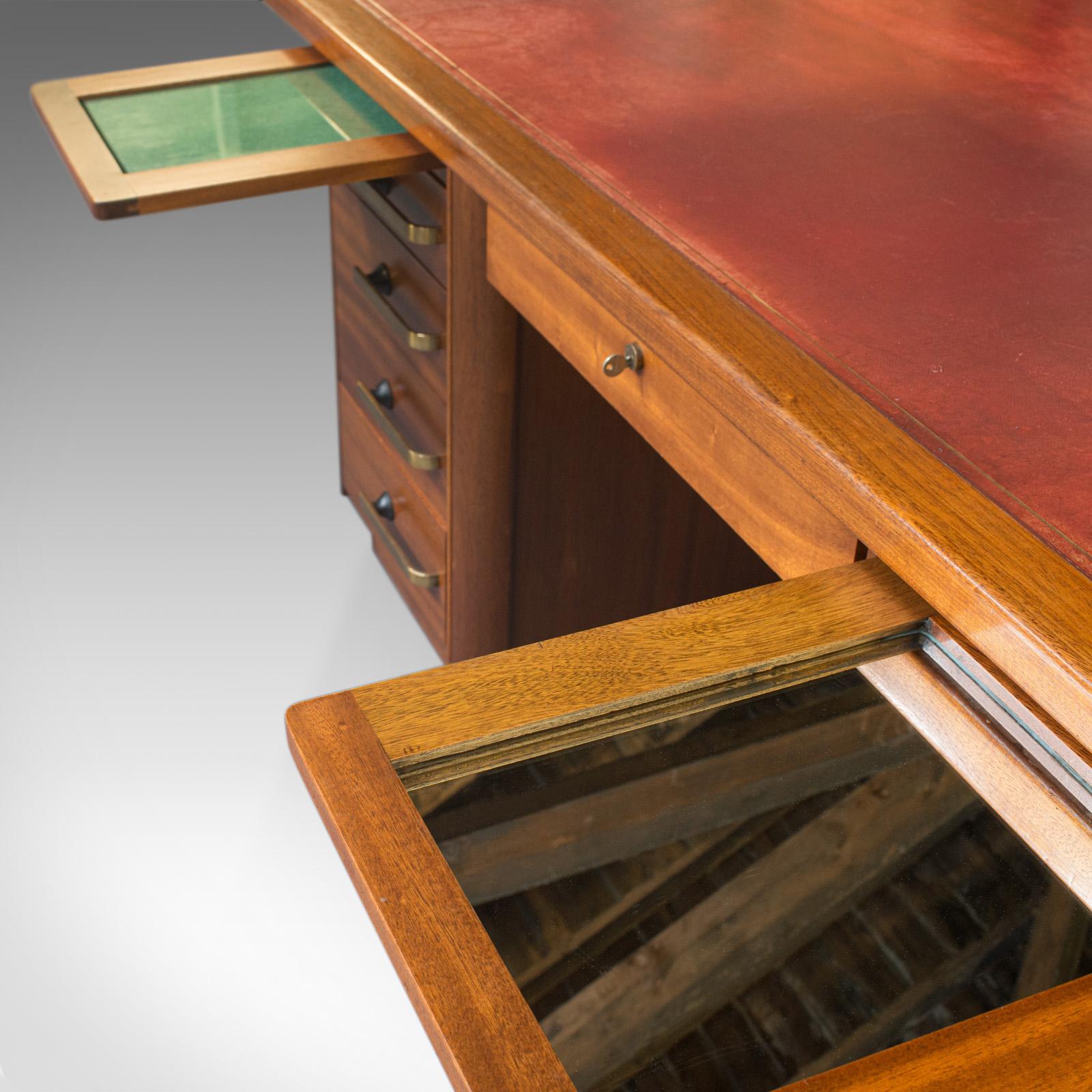 Large Vintage Pedestal Desk, Teak, Leather, Art Deco, Office, Abbess, circa 1950 3