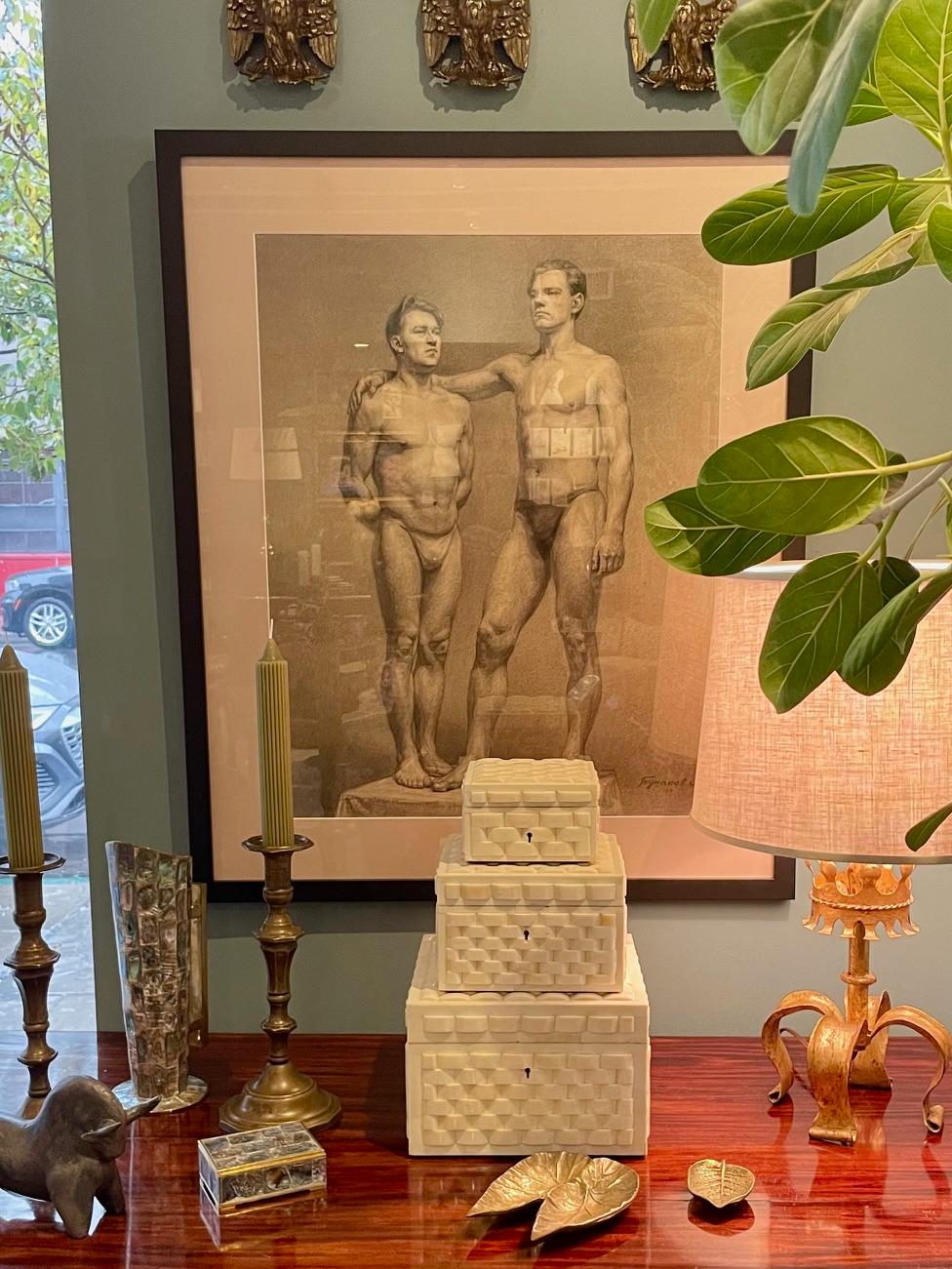 A large vintage pencil drawing of 2 men poised in briefs.  Signed by Russian artist Tumakov who studied at the Leningrad Institute. Almost certainly he drew that  whilst at the Leningrad academy as those 2 life models appear in other drawings by