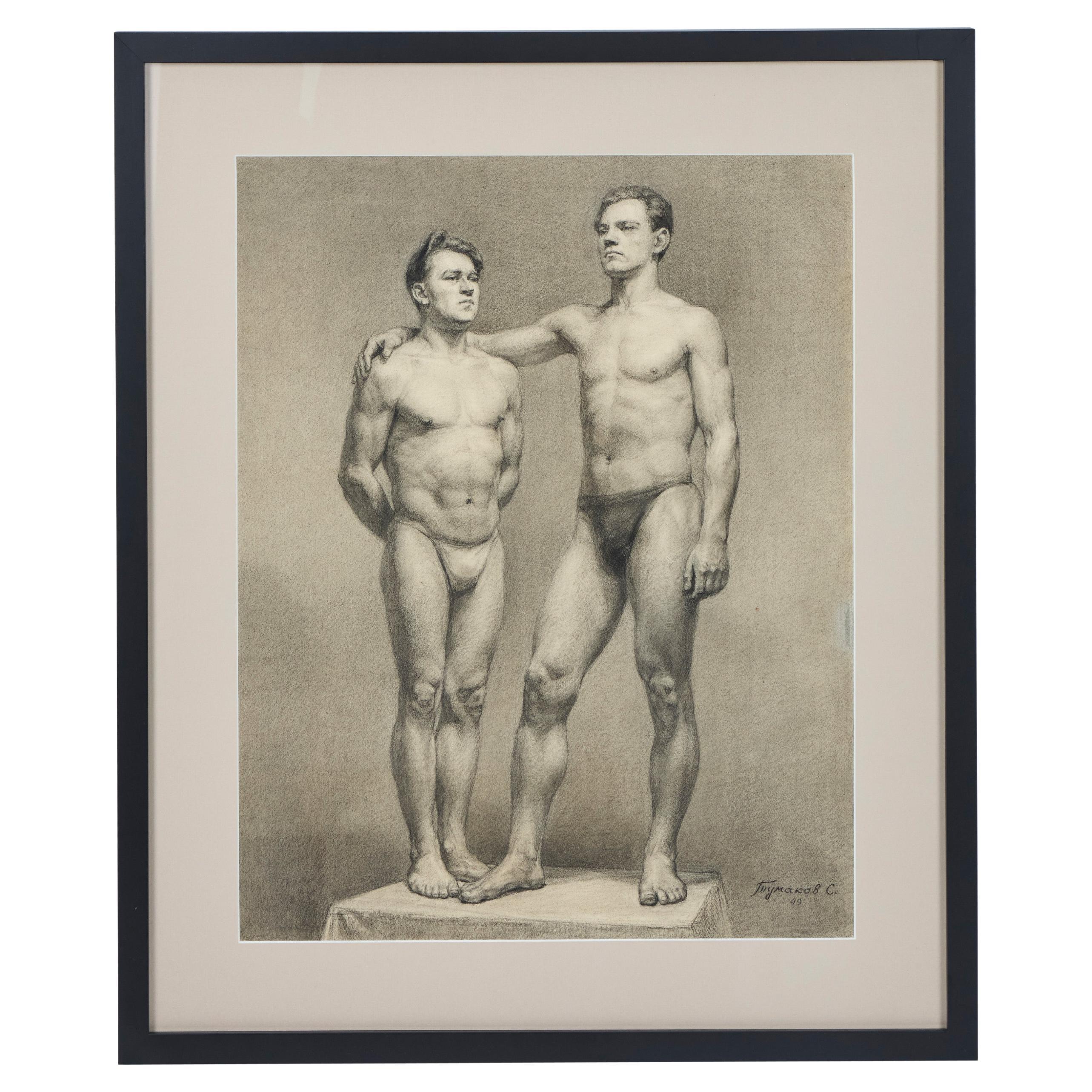 Large Vintage Pencil Drawing, Signed by Russian Artist Tumakov, '49