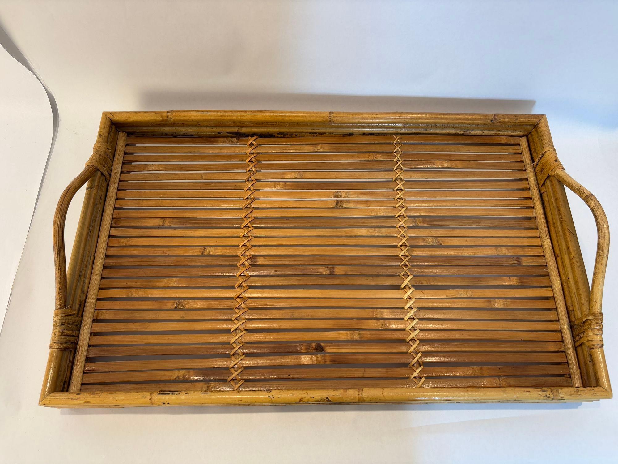 Large Vintage Pencil Rattan Bamboo Serving Tray With Handles 3