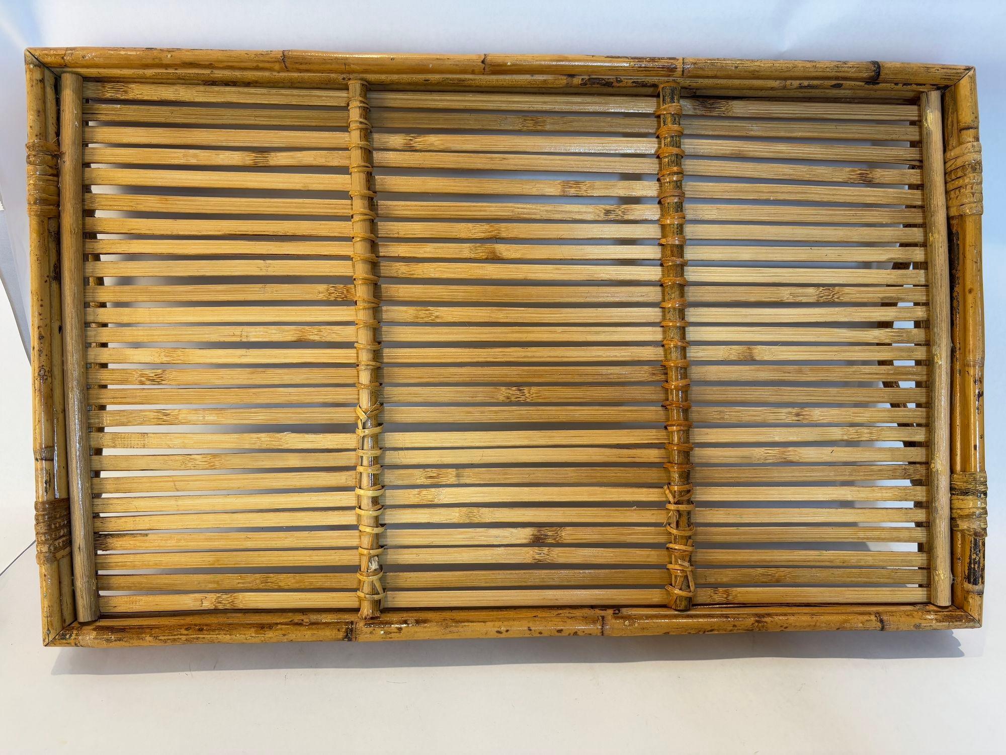 Large Vintage Pencil Rattan Bamboo Serving Tray With Handles 5