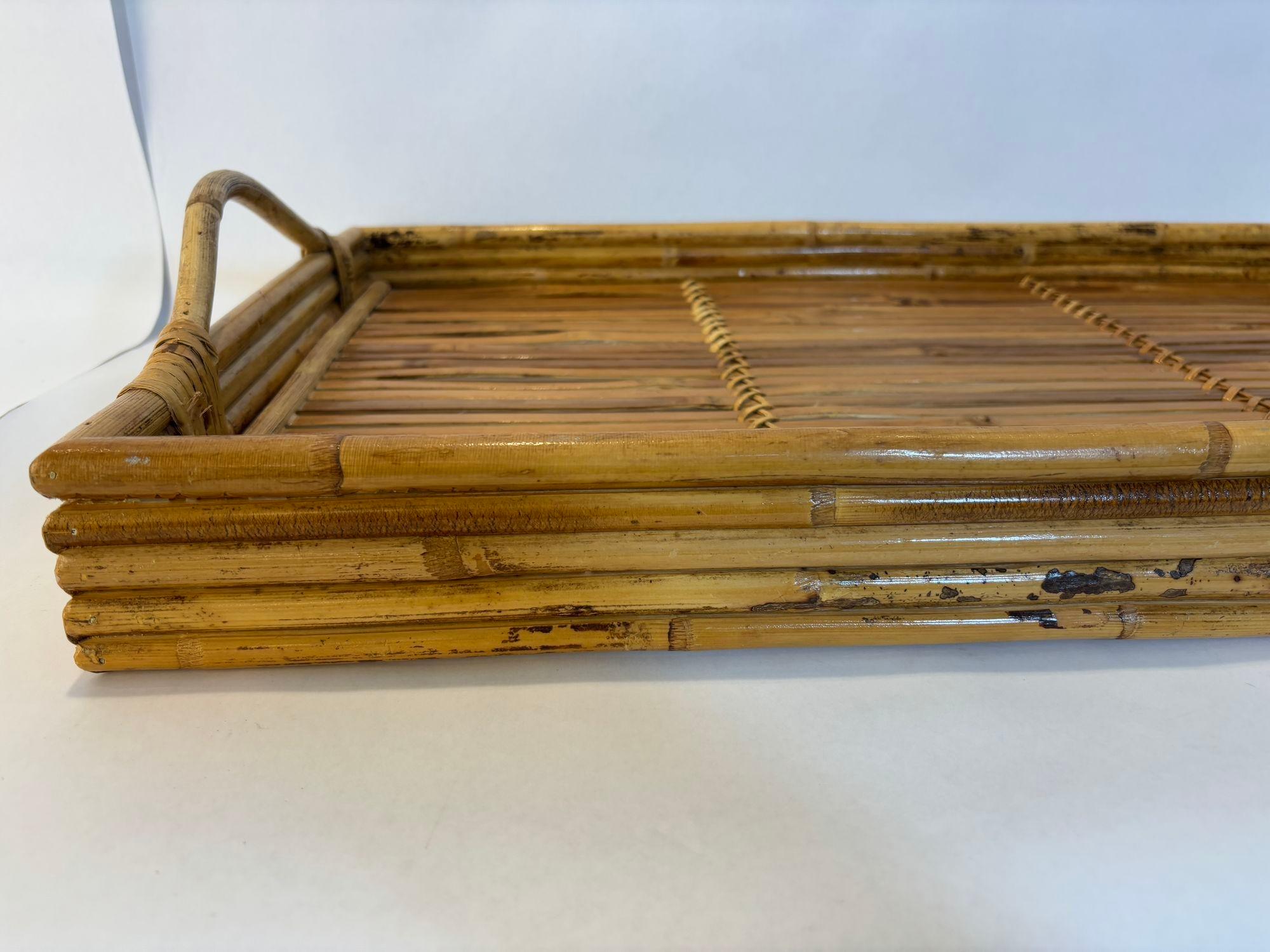 Large Vintage Pencil Rattan Bamboo Serving Tray With Handles 6