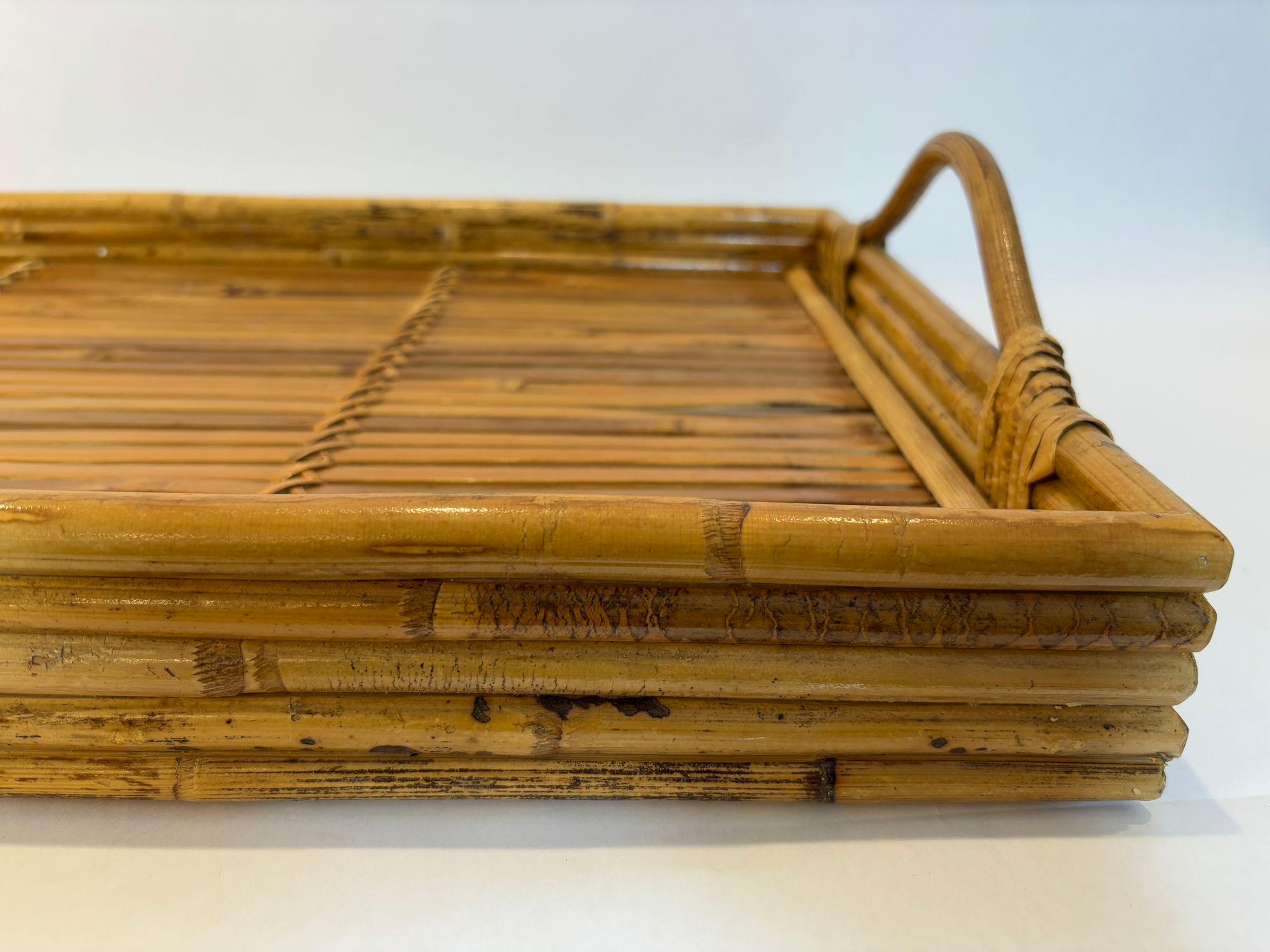 Large Vintage Pencil Rattan Bamboo Serving Tray With Handles 12