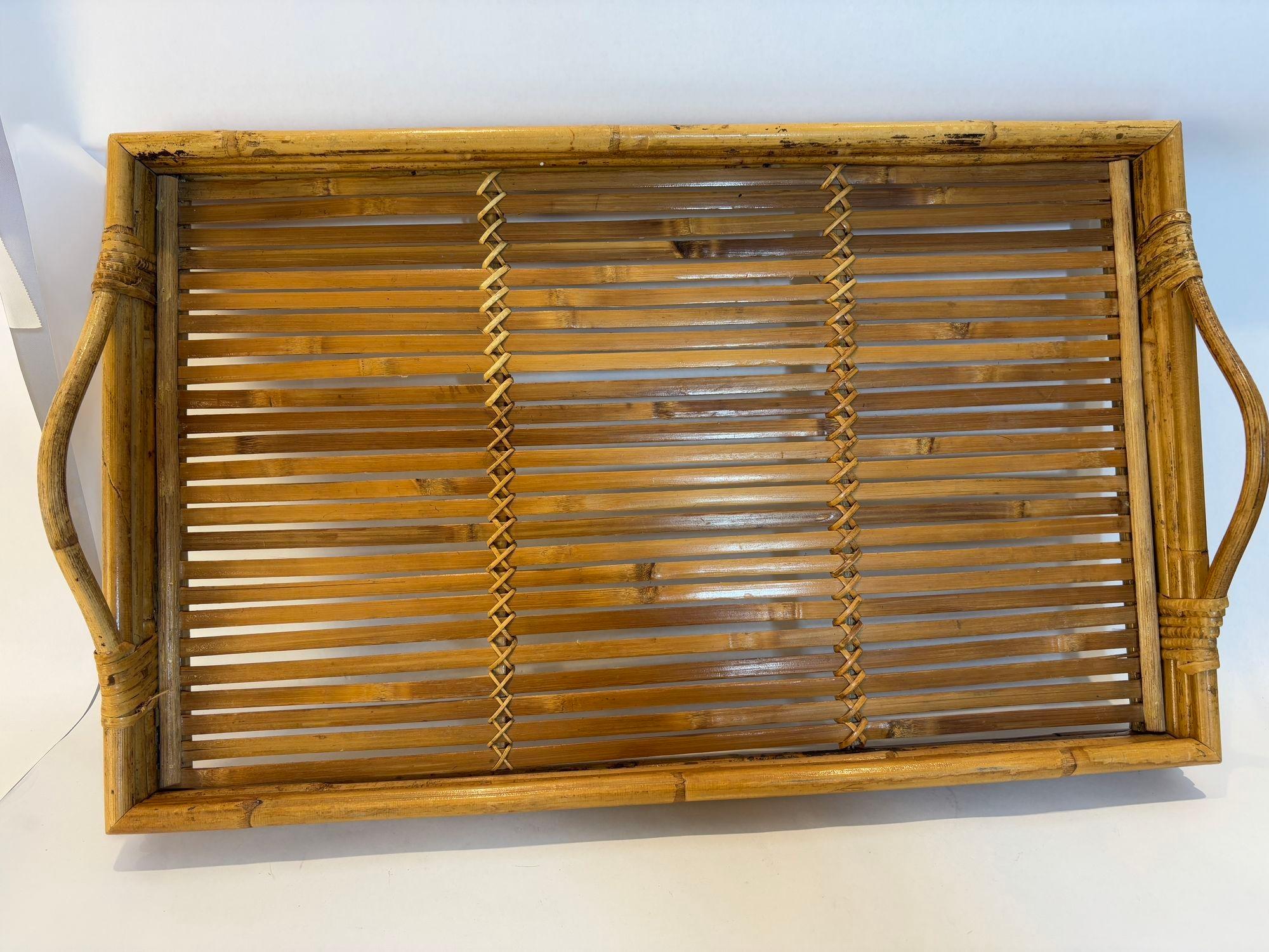 French Provincial Large Vintage Pencil Rattan Bamboo Serving Tray With Handles
