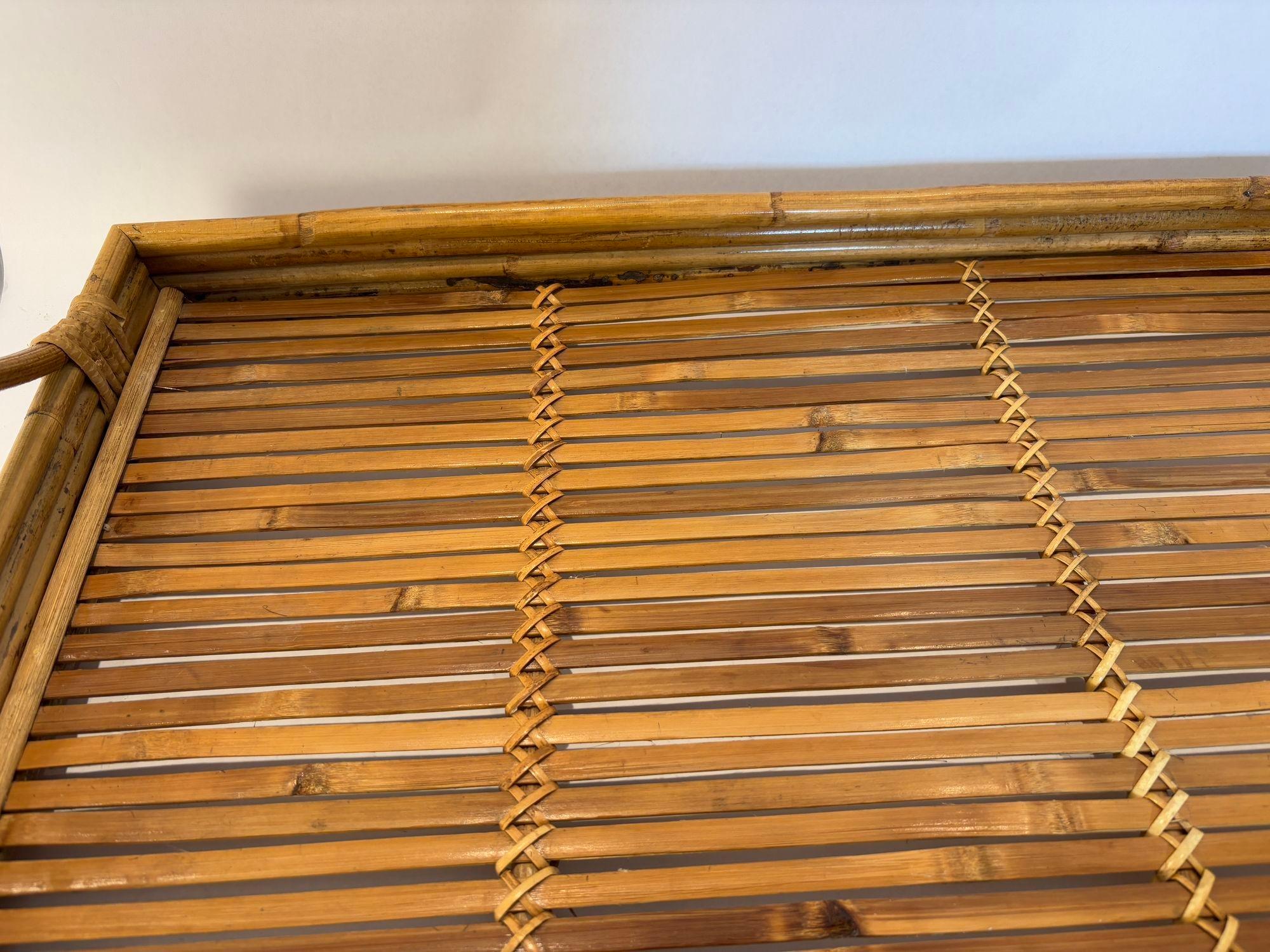 Italian Large Vintage Pencil Rattan Bamboo Serving Tray With Handles