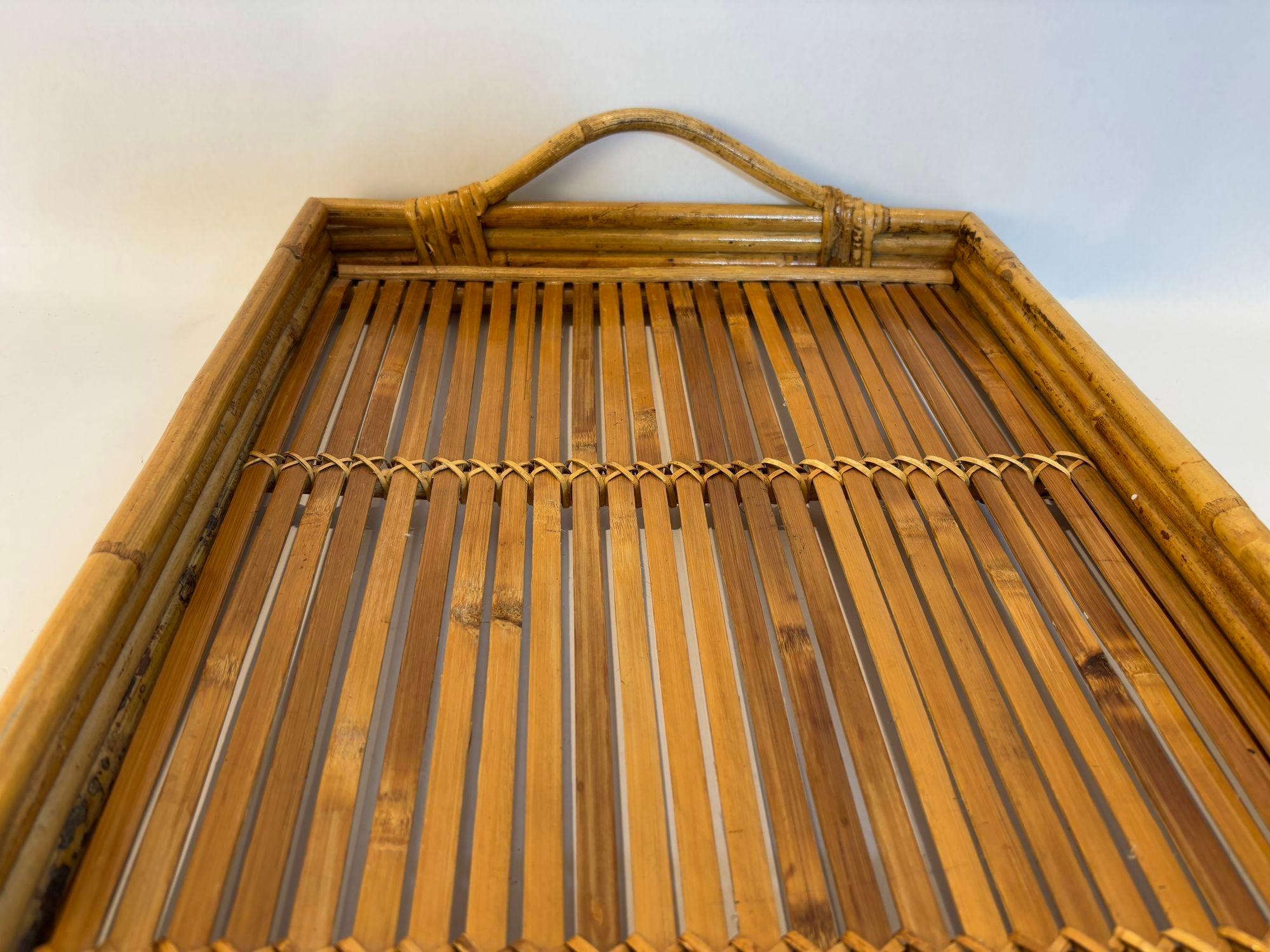 Hand-Crafted Large Vintage Pencil Rattan Bamboo Serving Tray With Handles