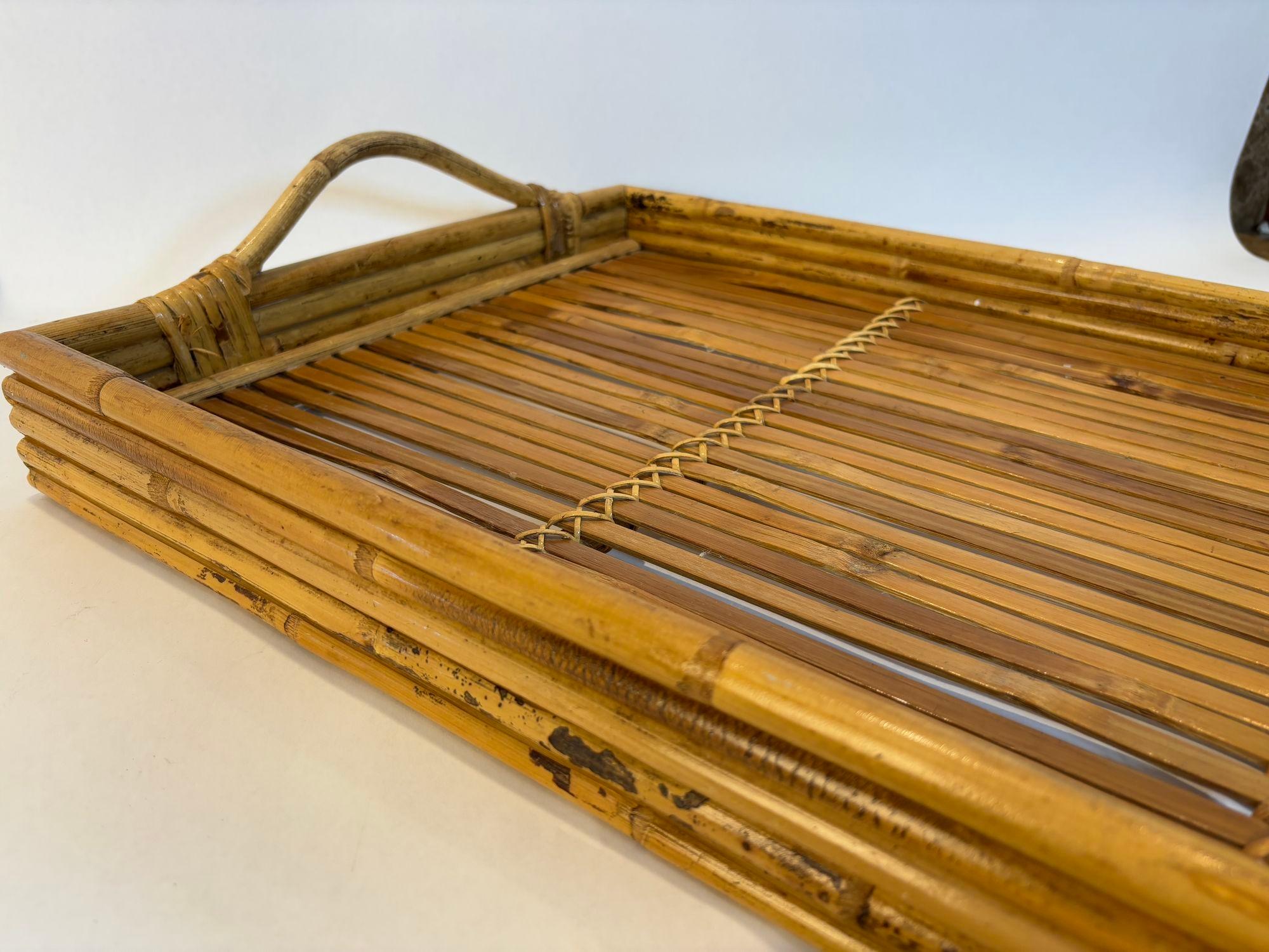 Large Vintage Pencil Rattan Bamboo Serving Tray With Handles In Good Condition In North Hollywood, CA