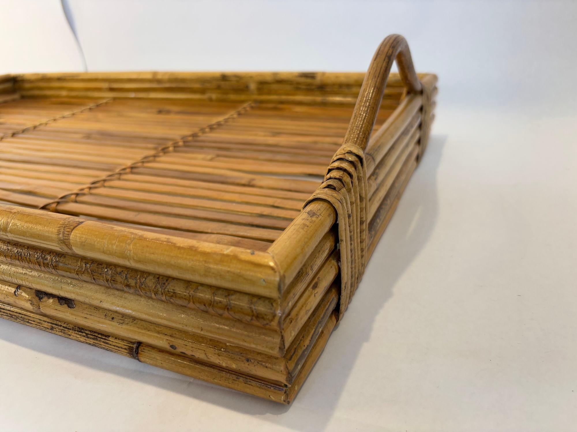 20th Century Large Vintage Pencil Rattan Bamboo Serving Tray With Handles