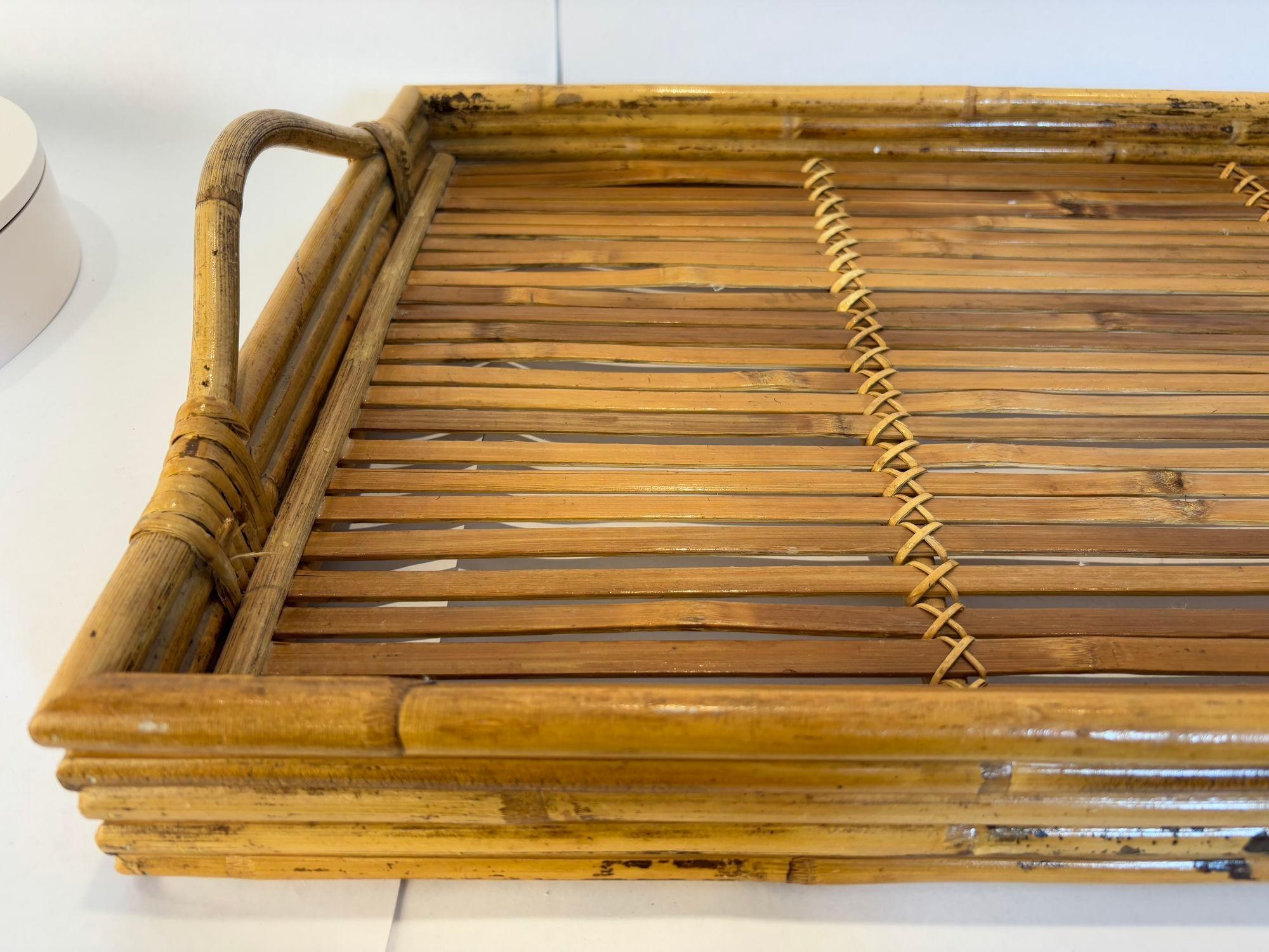 Large Vintage Pencil Rattan Bamboo Serving Tray With Handles 1