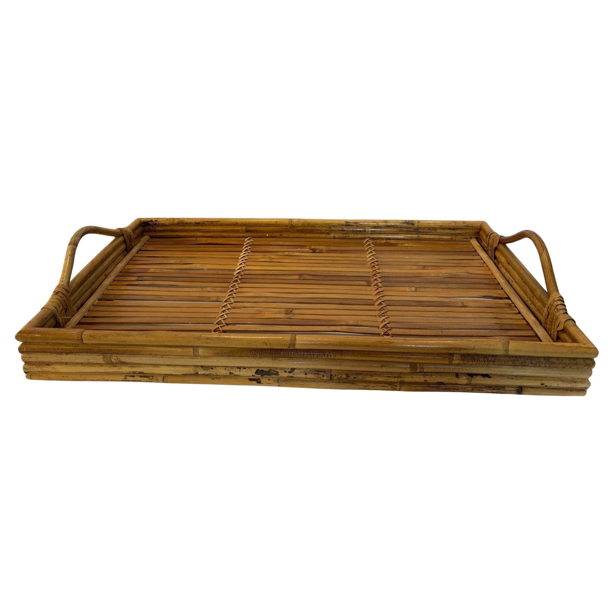 Large Vintage Pencil Rattan Bamboo Serving Tray With Handles