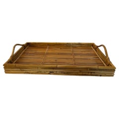 Large Vintage Pencil Rattan Bamboo Serving Tray With Handles
