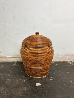 Large Vintage Pencil Reed Lidded Floor Basket