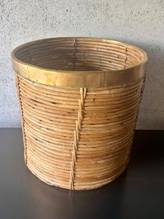 Large Vintage Pencil Reed Rattan Planter with Brass Rim, Italian Riviera Style