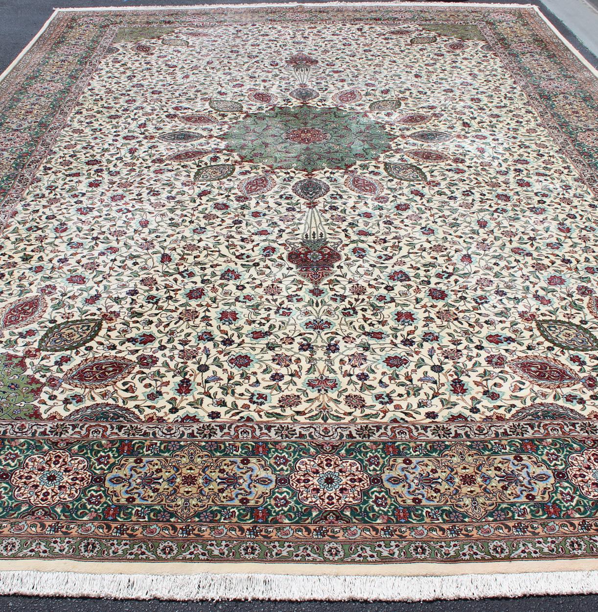 Wool Large Vintage Persian Fine Tabriz Rug with Floral Medallion Design For Sale