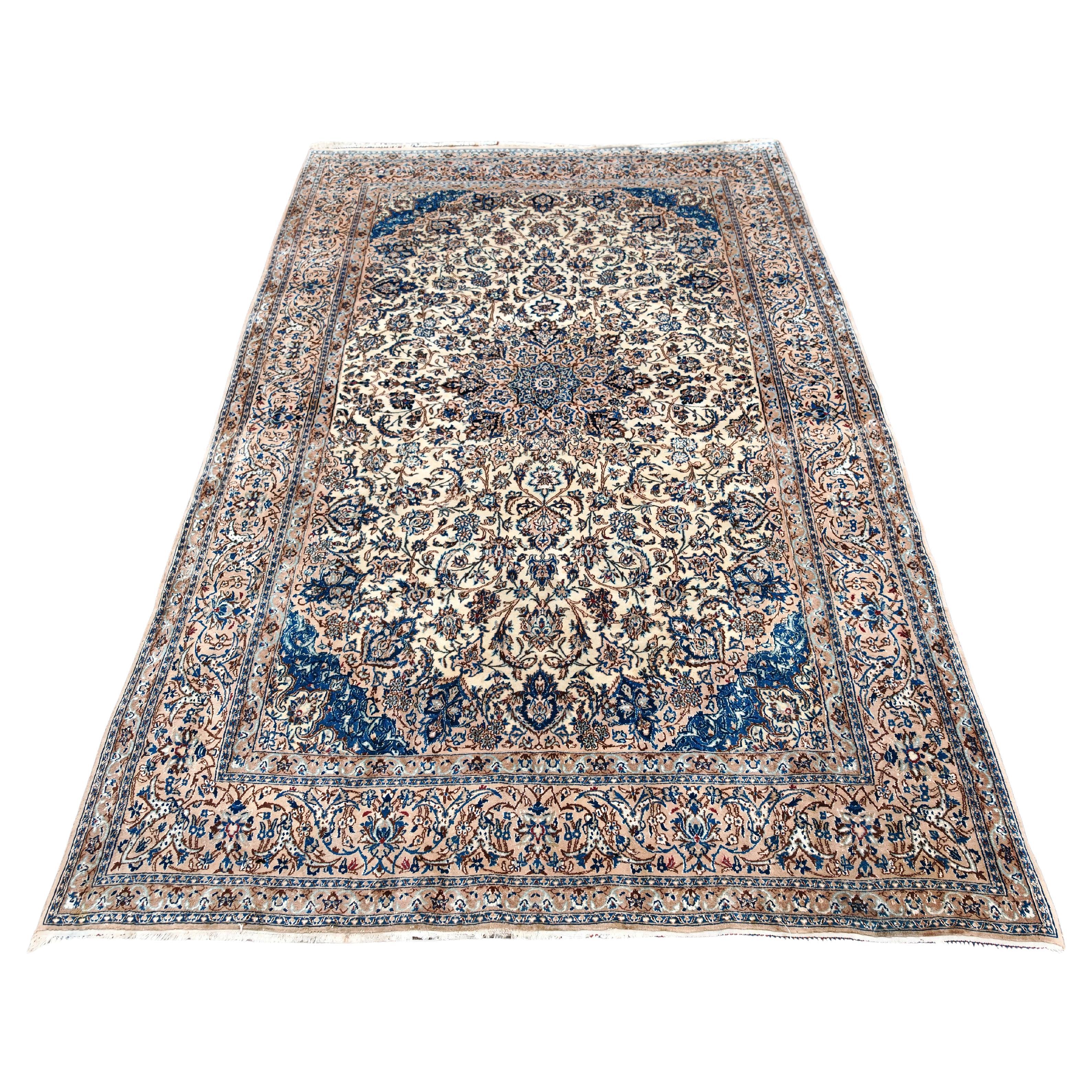 Large Vintage Persian Rug, Nain, wool with silk accent, hand-woven in the 1940s