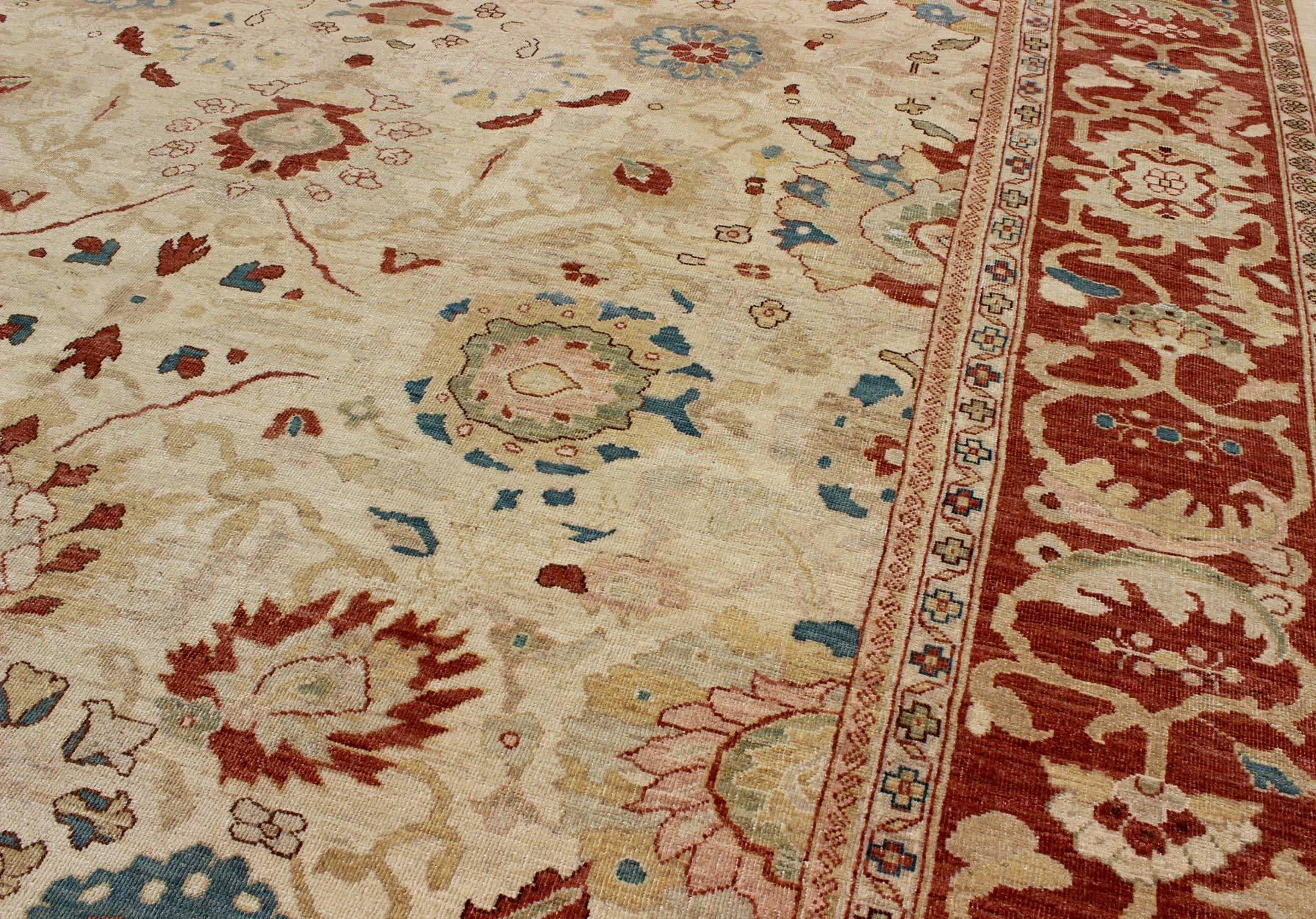 Late 20th Century Large Vintage Persian Sultanabad Rug with All-Over Design in Ivory Background For Sale