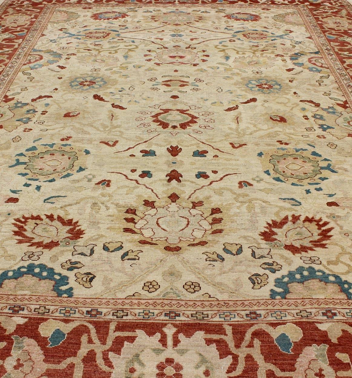 Wool Large Vintage Persian Sultanabad Rug with All-Over Design in Ivory Background For Sale