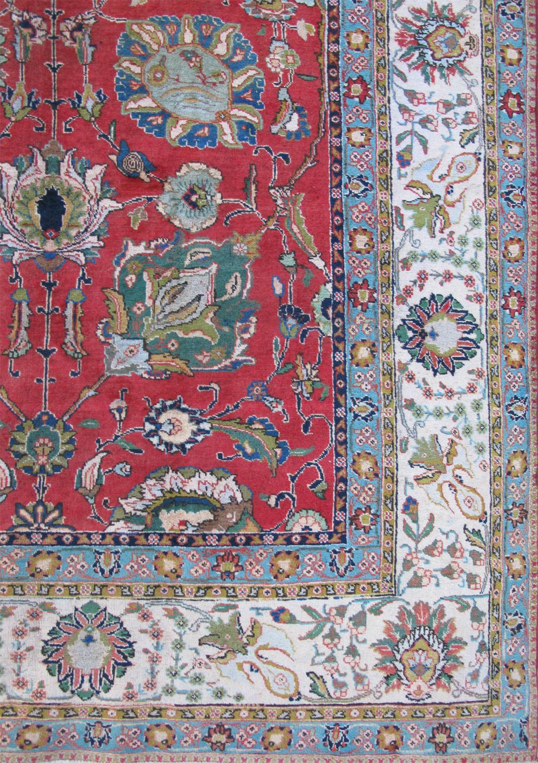 Hand-Knotted Large Vintage Persian Tabriz Rug with All-Over Design in Reds and Ivory For Sale