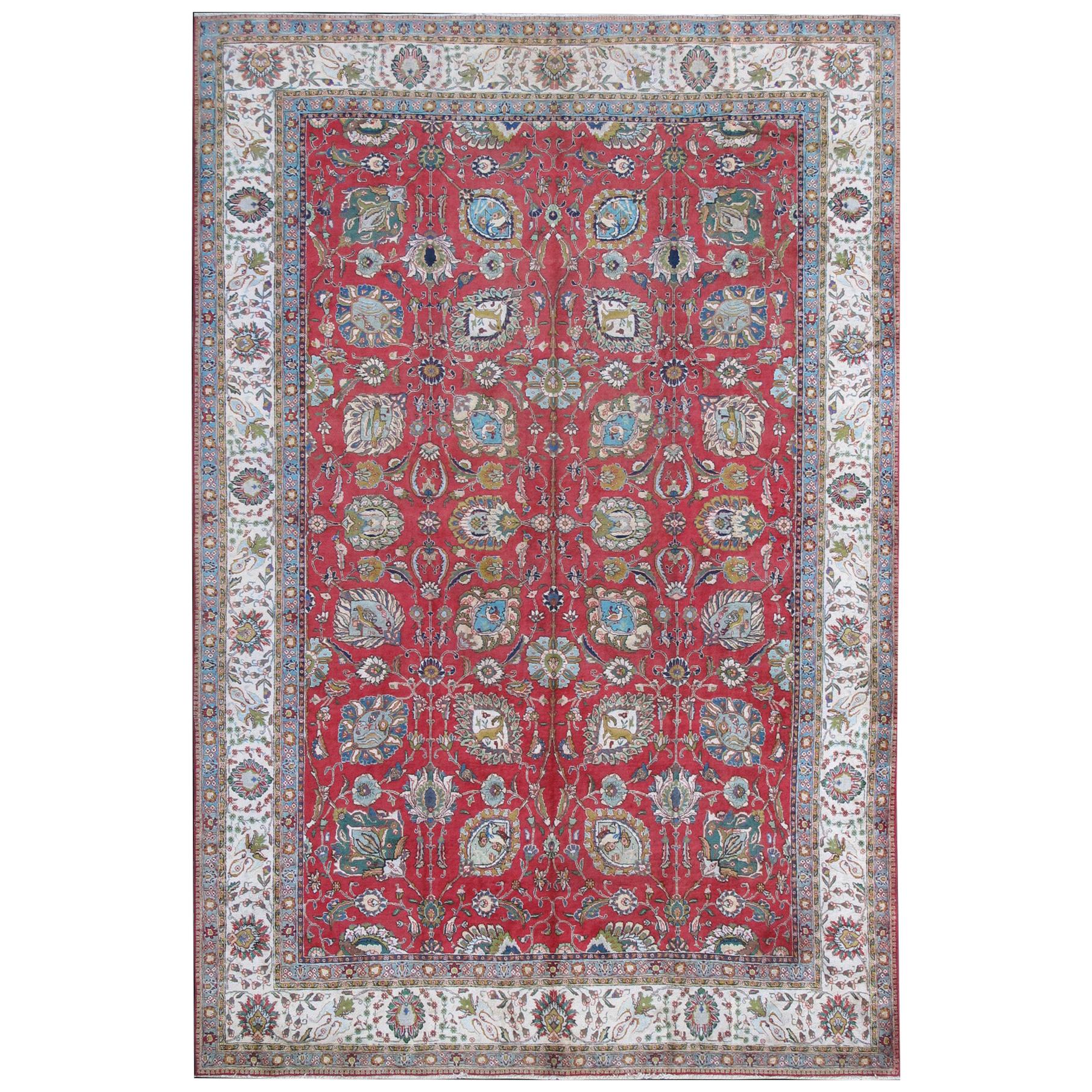 Large Vintage Persian Tabriz Rug with All-Over Design in Reds and Ivory