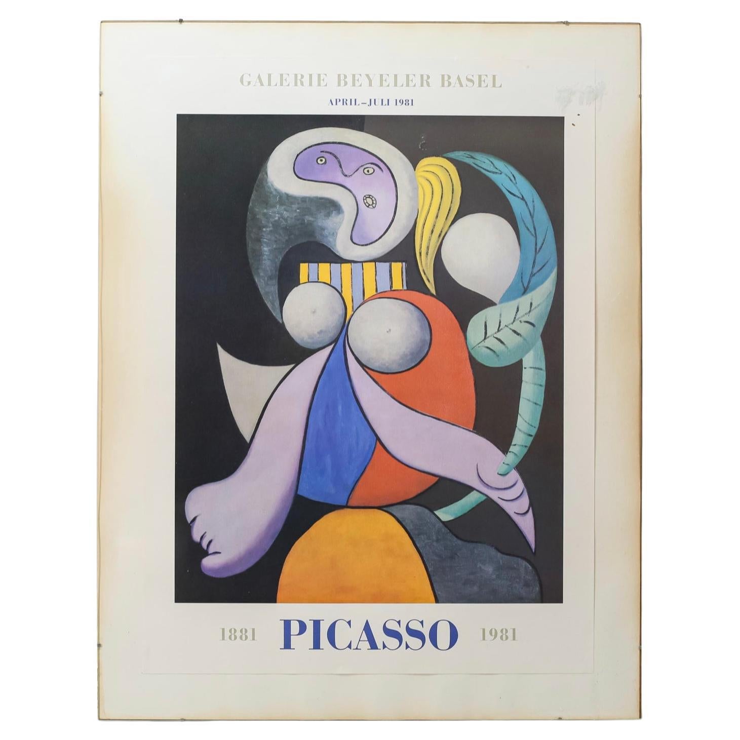 Large Vintage Picasso Exhibition Poster, beind glass, Basel 1981 For Sale