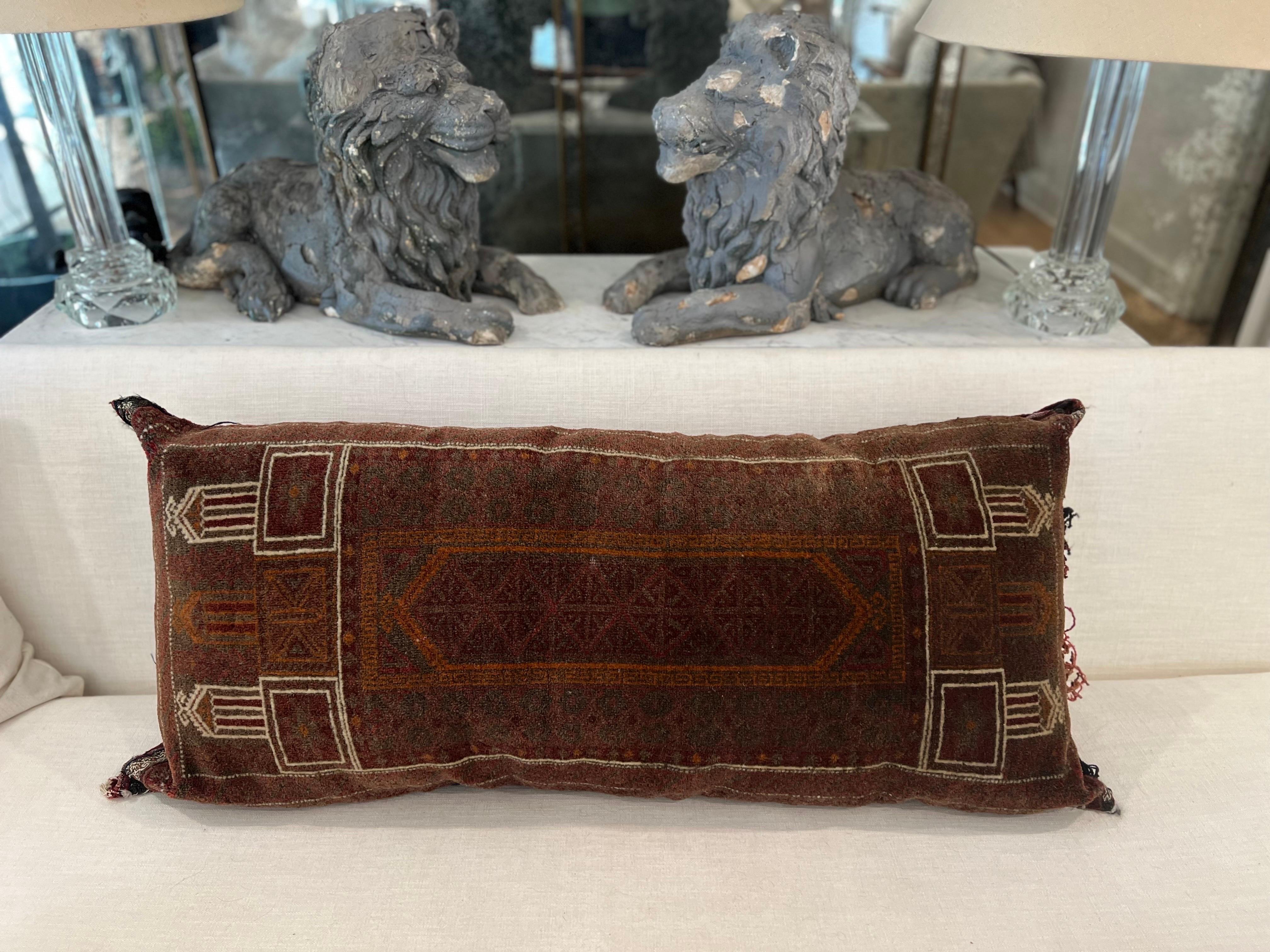 Large Antique Hand-Knotted pillow.  Large enough for center of sofa or floor pillow.  Firm interior that does not lose it's shape.  
See images for condition.