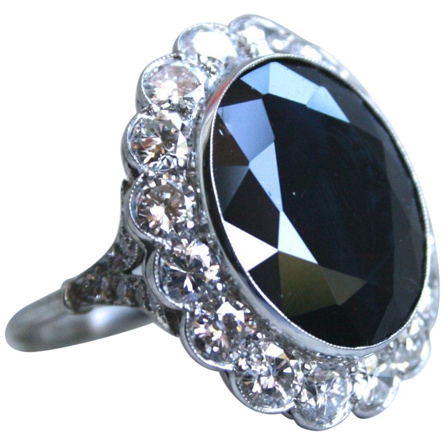 Large Vintage Platinum Diamond Halo and Sapphire Engagement Ring, 17.20 Carat