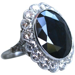 Large Antique Platinum Diamond Halo and Sapphire Engagement Ring, 17.20 Carat