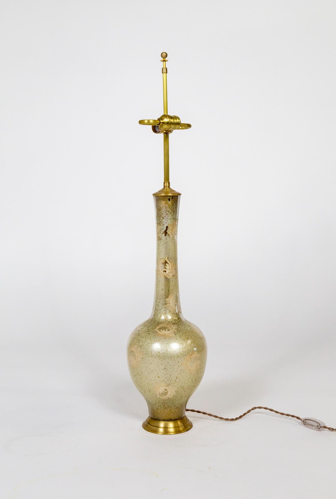 A tall, long neck amphora shape lamp made of double-walled, gold-flecked, pearl glass with pale pink lace flowers throughout. This refurbished, vintage, Italian gem from the late 20th century has a brass base, cap, ball finial, and narrow,