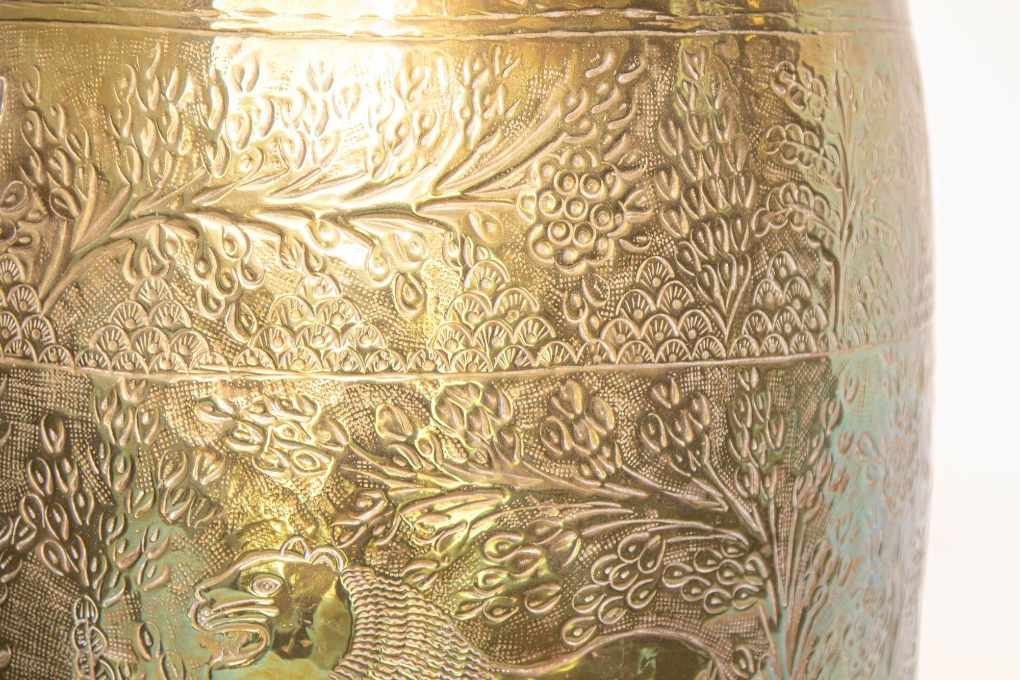 Large Vintage Polished Brass Planters Anglo Raj Hammered Jungle Design a Pair For Sale 9