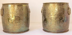 Large Vintage Polished Brass Planters Anglo Raj Hammered Jungle Design a Pair