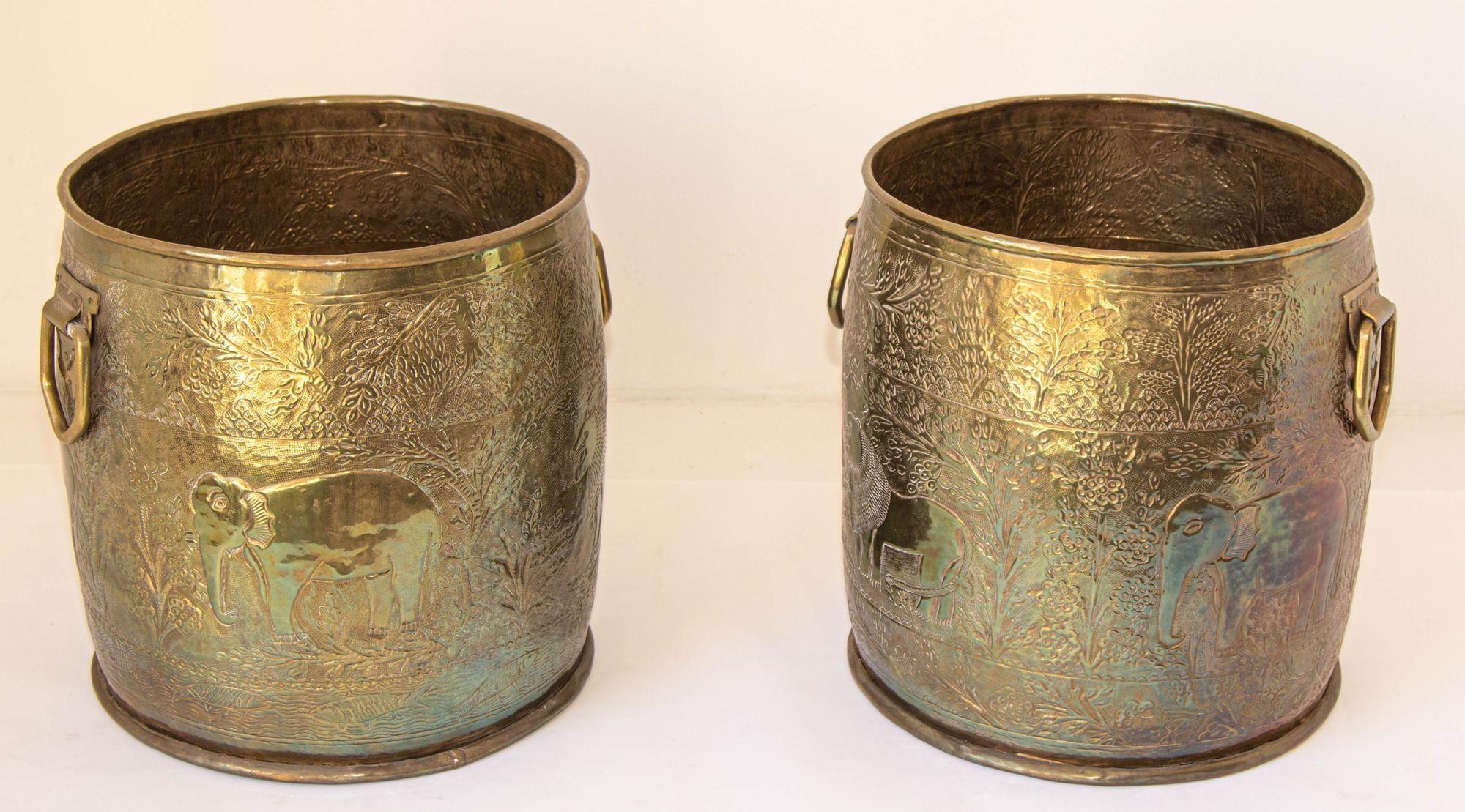 Large Vintage Polished Brass Planters Anglo Raj Hammered Jungle Design a Pair For Sale 4