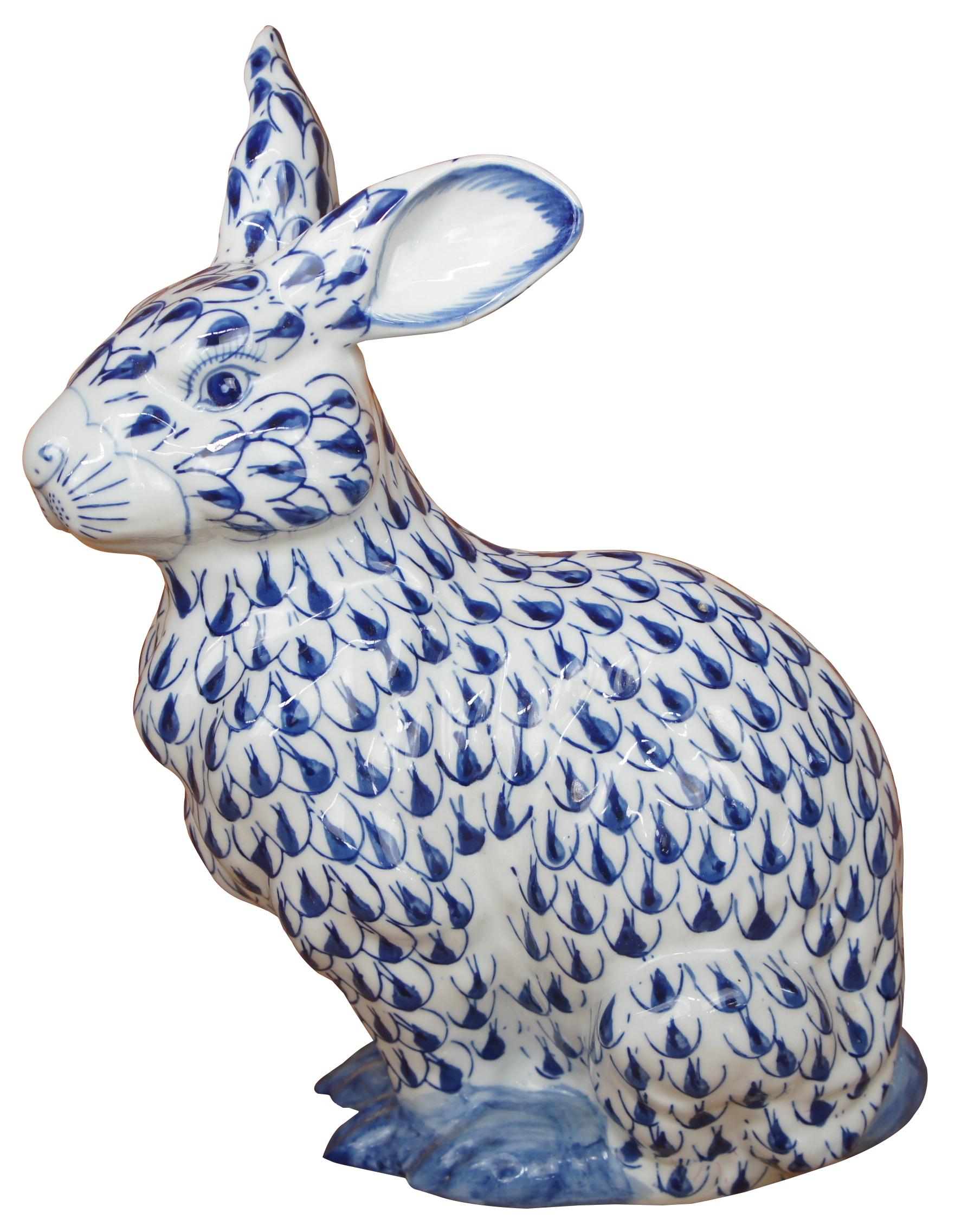 Large Vintage Porcelain Blue and White Fishnet Seated Bunny Rabbit ...