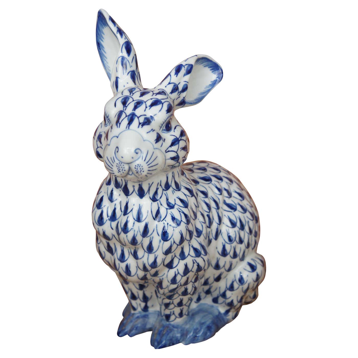 Large Vintage Porcelain Blue and White Fishnet Seated Bunny Rabbit ...