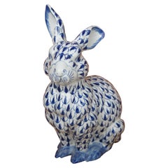 Large Vintage Porcelain Blue & White Fishnet Seated Bunny Rabbit Figurine