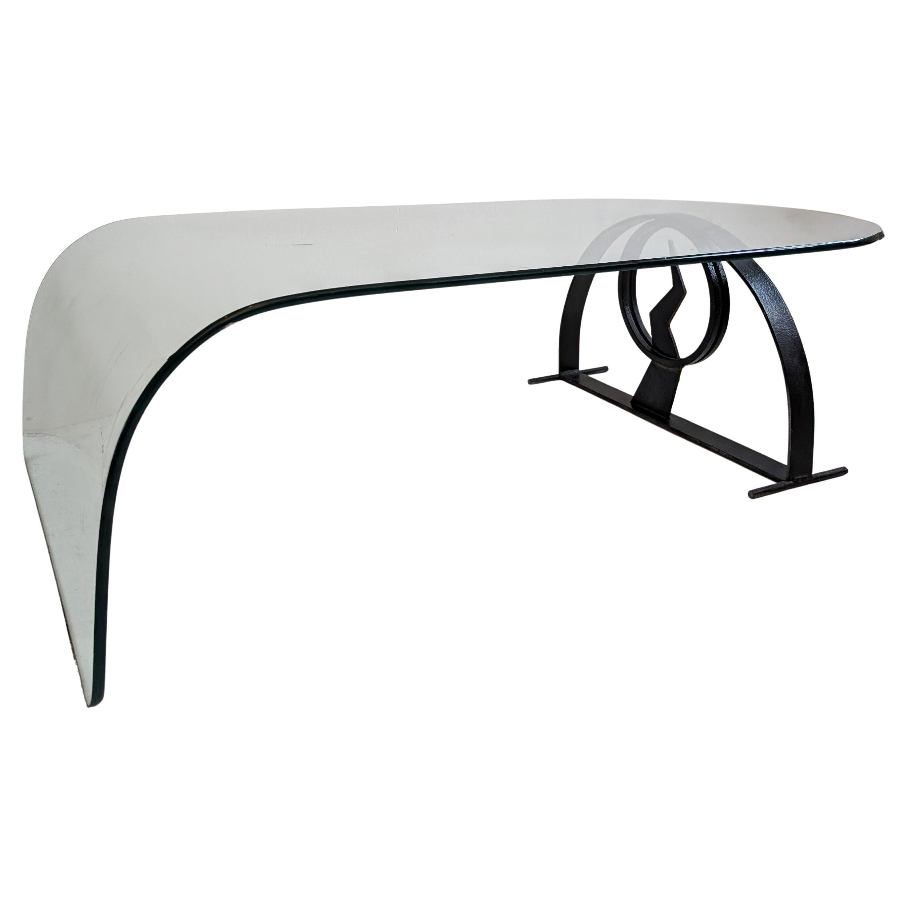 Large vintage postmodern glass coffee table with lightning bolt base