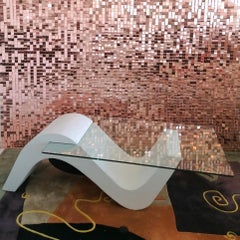 Large Vintage Postmodern Wave Coffee Table, Textured Plaster & Glass, Usa 1980s