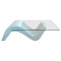 Large Vintage Postmodern Wave Coffee Table, Textured Plaster & Glass, Usa 1980s
