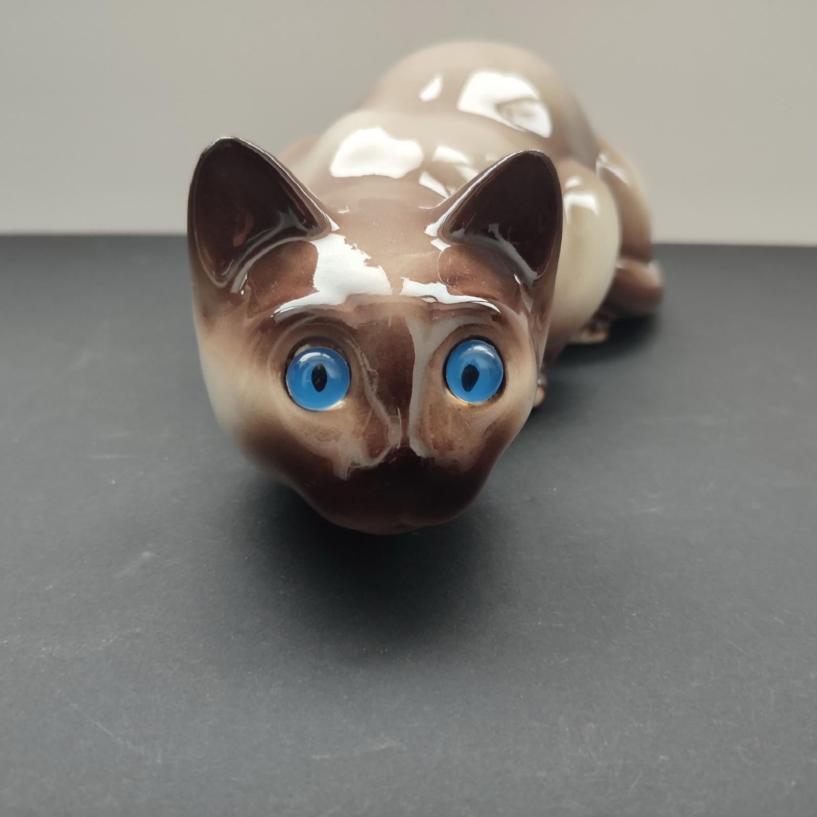 European Collectible Vintage Pottery Siamese Large Cat With Blue Glass Eyes